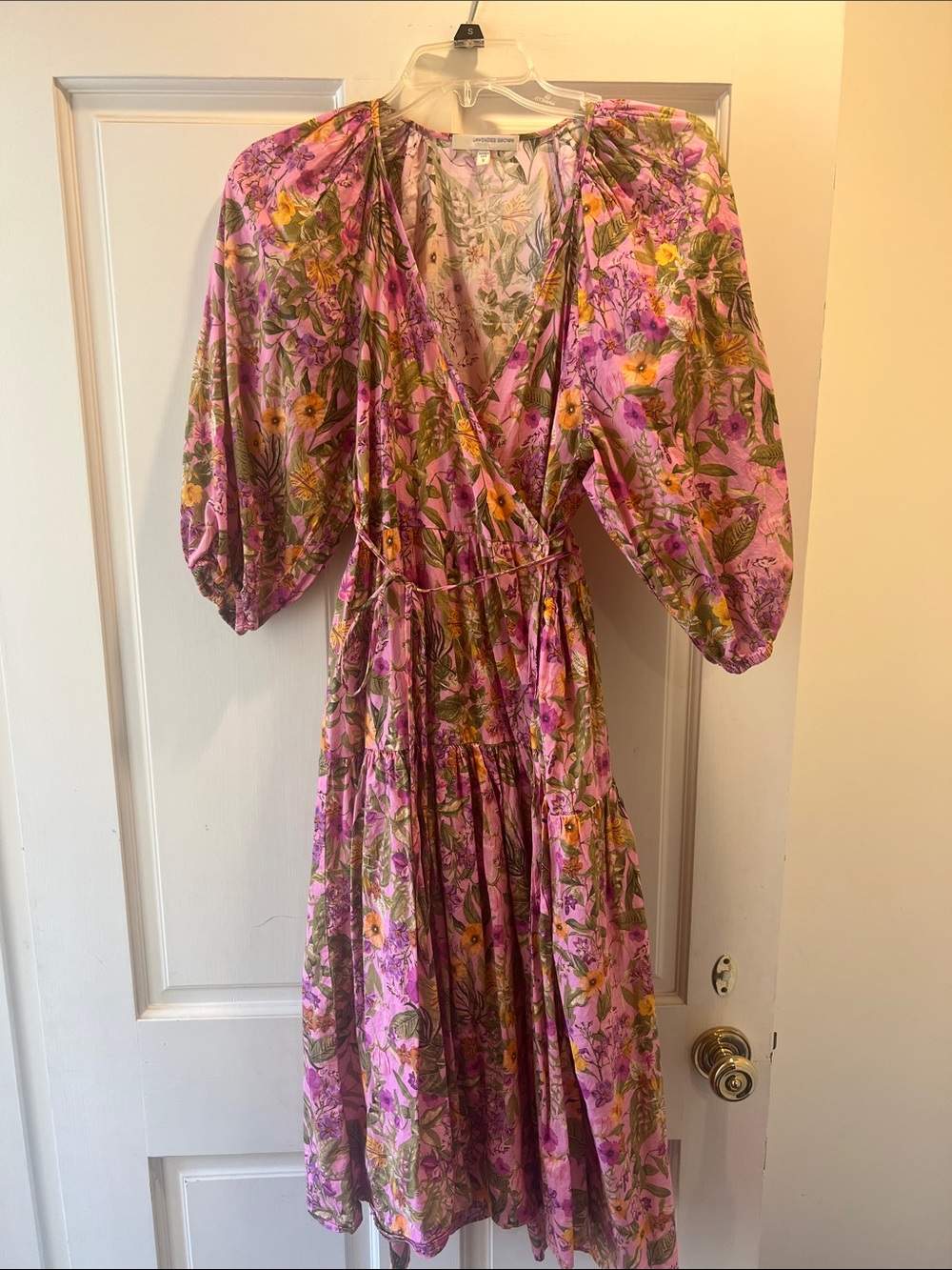 Lavender Brown Pink Floral Puff-Sleeve Wrap Midi Dress